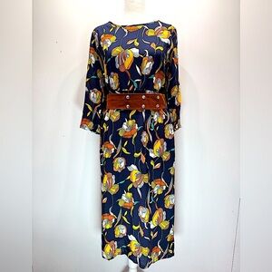 Trollied Dolly Dress Navy Blue Big Retro Tulip 3/4 Sleeve Belted Midi ModCloth